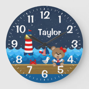 Nautical Girl Bear Red and Navy Große Wanduhr