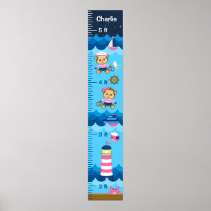 Nautical Girl Monkey Pink and Navy Growth Chart Poster