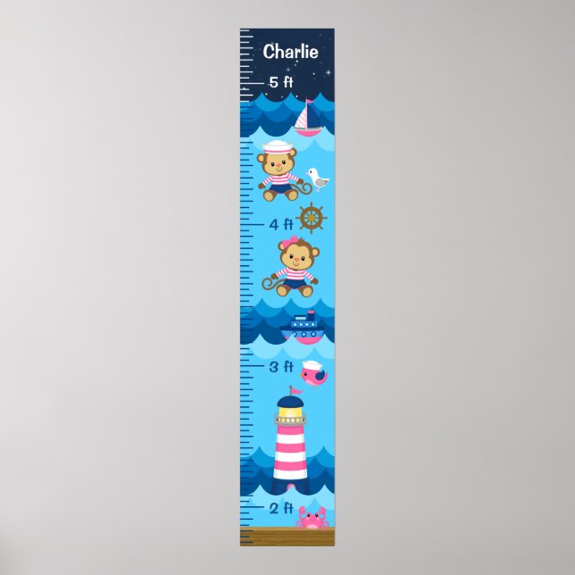Nautical Girl Monkey Pink and Navy Growth Chart Poster (Vorne)