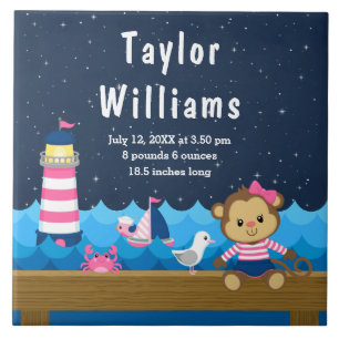 Nautical Girl Monkey Pink Navy Geburtenstatistik Fliese