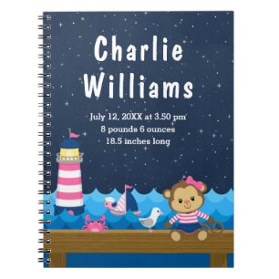 Nautical Girl Monkey Pink Navy Geburtenstatistik Notizblock