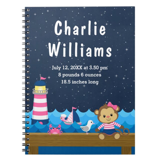 Nautical Girl Monkey Pink Navy Geburtenstatistik Notizblock (Vorderseite)