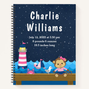 Nautical Girl Monkey Pink Navy Geburtenstatistik Notizbuch