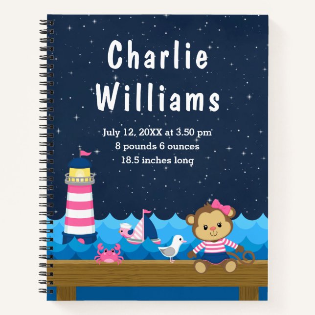 Nautical Girl Monkey Pink Navy Geburtenstatistik Notizbuch (Vorderseite)