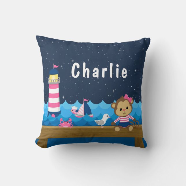 Nautical Girl Monkey Pink und Marine Kissen (Vorderseite)