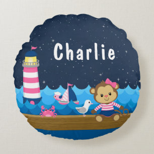 Nautical Girl Monkey Pink und Marine Rundes Kissen