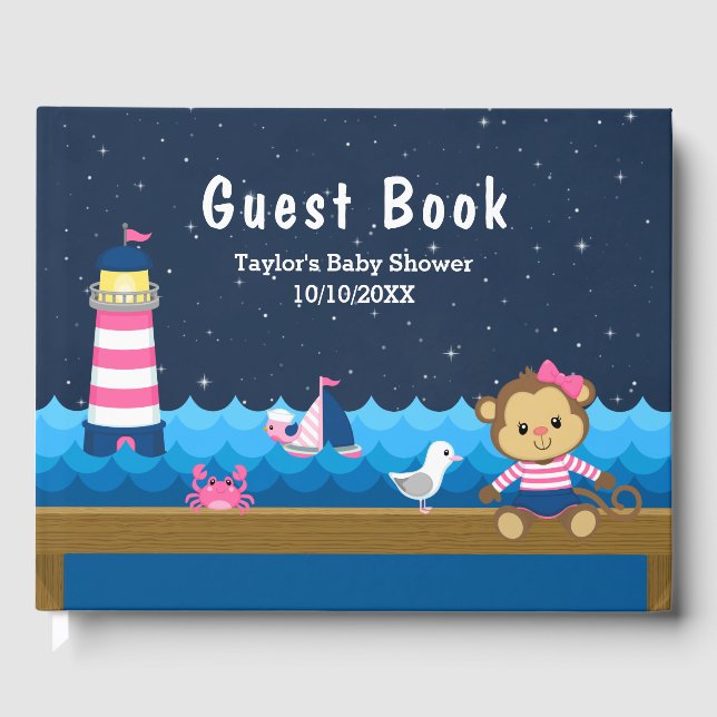 Nautical Girl Monkey Pink und Navy Baby Dusche Gästebuch (Vorderseite)