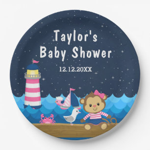 Nautical Girl Monkey Pink und Navy Baby Dusche Pappteller