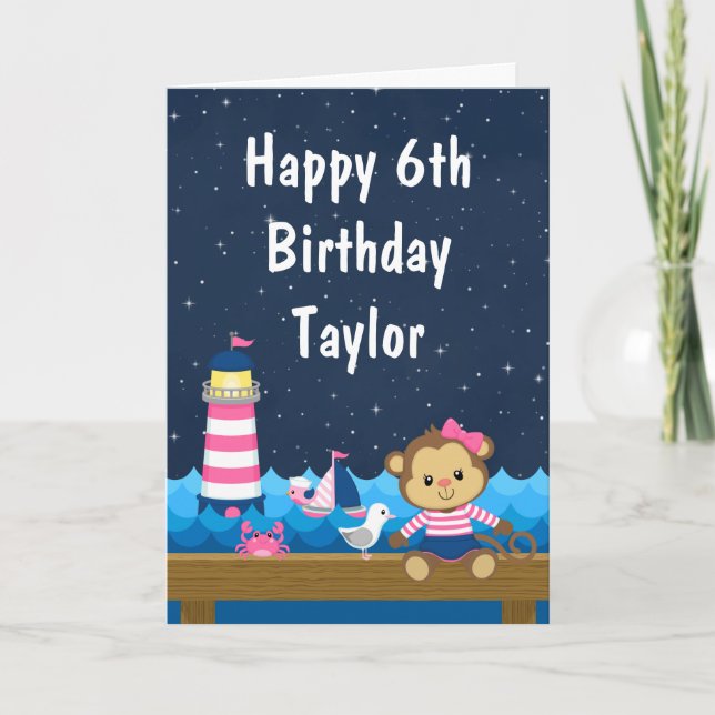 Nautical Girl Monkey Pink und Navy Happy Birthday Karte (Vorderseite)