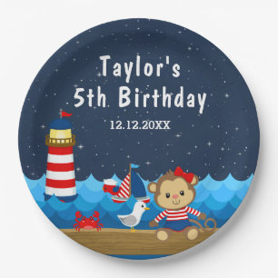 Nautical Girl Monkey Red and Navy Birthday Party Pappteller