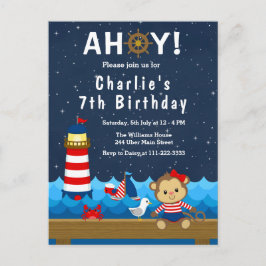 Nautical Girl Monkey Red and Navy Birthday Party Postkarte