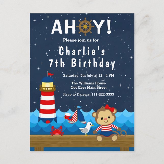 Nautical Girl Monkey Red and Navy Birthday Party Postkarte (Vorderseite)