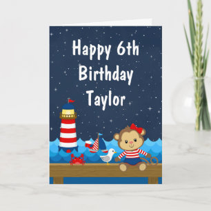 Nautical Girl Monkey Red and Navy Happy Birthday Karte