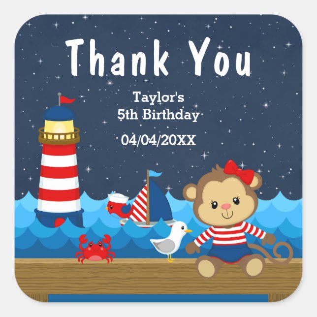 Nautical Girl Monkey Red Birthday Party Danke Quadratischer Aufkleber (Vorderseite)