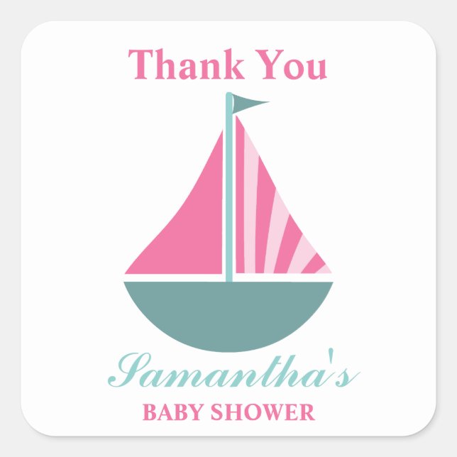 Nautical Girl Sailboat Kinderdusche Danke Quadratischer Aufkleber (Vorderseite)