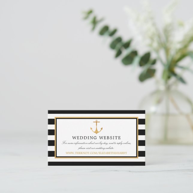 Nautical Gold Anchor, Black & Gold Wedding Website Begleitkarte (Stehend Vorderseite)