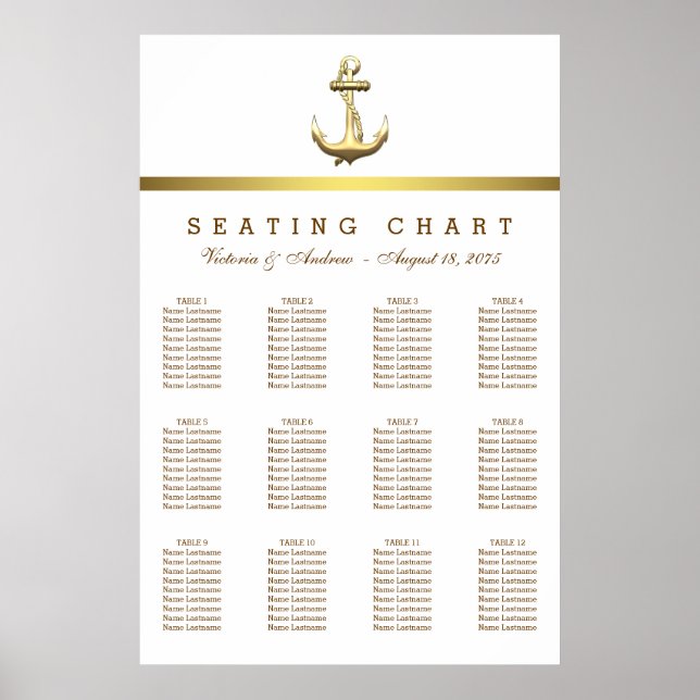 Nautical Gold Anchor Hochzeitsdiagramm Poster (Vorne)