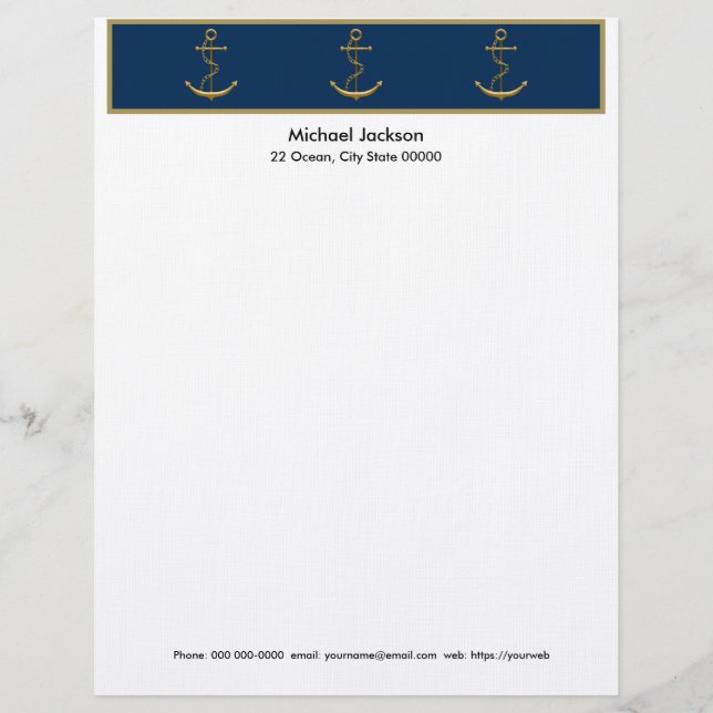 Nautical Gold Anchor Letterhead Stationery Briefbogen (Vorderseite)