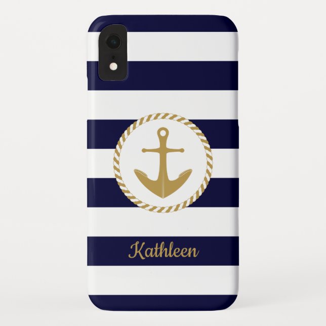 Nautical Gold Anchor Navy Blue and White Stripes Case-Mate iPhone Hülle (Rückseite)