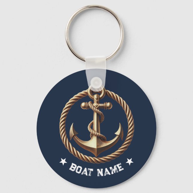 Nautical Gold Anchor Navy Blue Boat Name Schlüsselanhänger (Vorderseite)