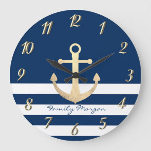 Nautical, Gold Anchor Navy Blue Striped Große Wanduhr