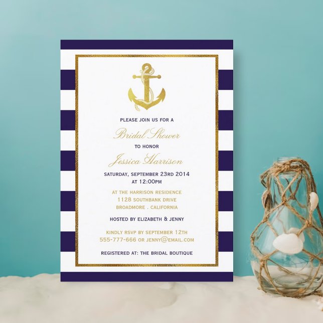 Nautical Gold Anchor Navy Stripe Brautparty Einladung (Von Creator hochgeladen)