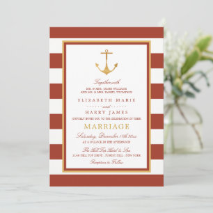 Nautical Gold Anchor, Red Brick & Gold Wedding Einladung