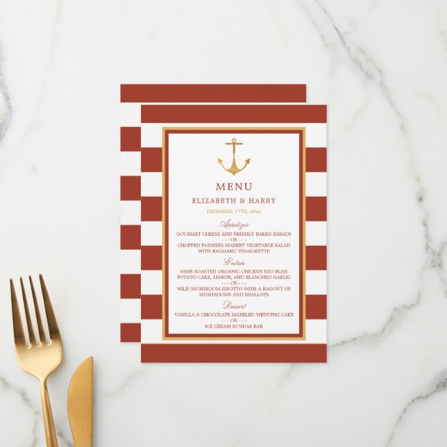 Nautical Gold Anchor, Red Brick & Gold Wedding Menükarte (Vorderseite/Rückseite Beispiel)