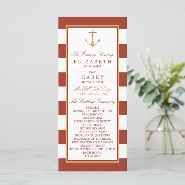 Nautical Gold Anchor, Red Brick & Gold Wedding Programm (Stehend Vorderseite)