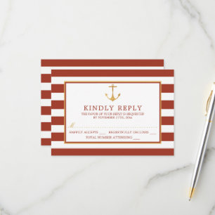 Nautical Gold Anchor, Red Brick & Gold Wedding RSVP Karte