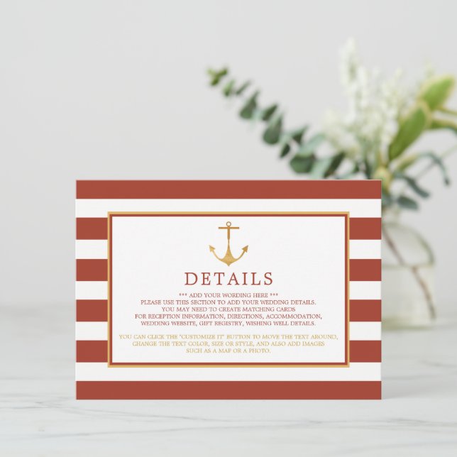 Nautical Gold Anchor, Red Brick Wedding Detail Begleitkarte (Stehend Vorderseite)