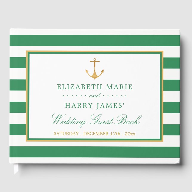 Nautical Gold Anchor, Sea Green & Gold Hochzeit Gästebuch (Vorderseite)