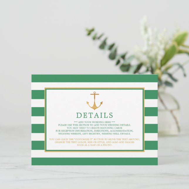 Nautical Gold Anchor, Sea Green Wedding Detail Begleitkarte (Stehend Vorderseite)
