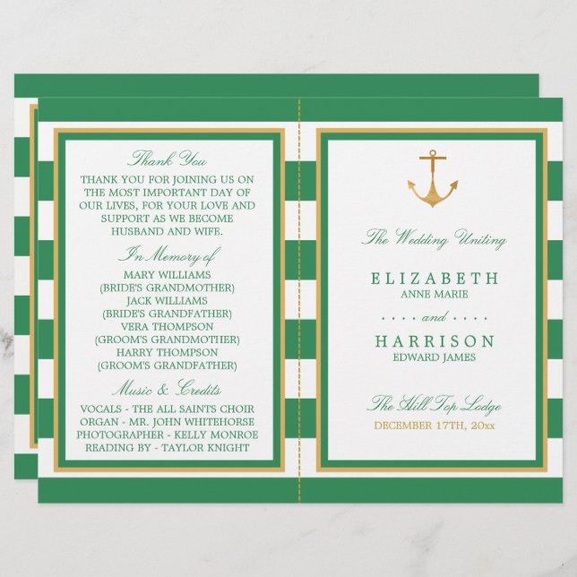 Nautical Gold Anchor, Sea Green Wedding Program (Vorne/Hinten)