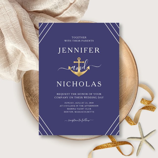 Nautical Gold Anchor Stripes Navy Blue Wedding Einladung (Front / Nautical Gold Anchor Stripes Navy Blue Wedding Invitation)