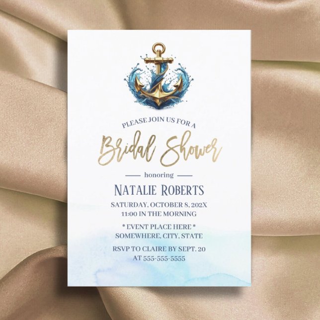 Nautical Gold Anchor Summer Wedding Brautparty Einladung (Von Creator hochgeladen)