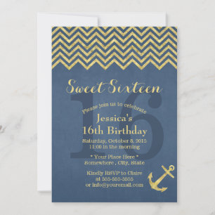 Nautical Gold Anker Zickzack Stripes Sweet 16 Einladung