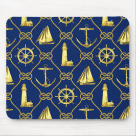 Nautical Gold Blue Lighthouse Sailboat Desk Mousepad