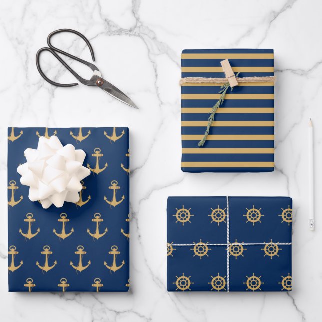 Nautical Gold Blue Navy Anchor Stripes Boat Wheel Geschenkpapier Set (Vorderseite)