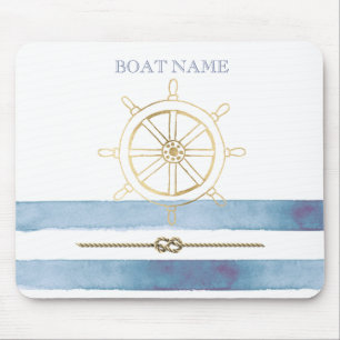 Nautical Gold Boat Wheel, Blue Watercolor Streifen Mousepad