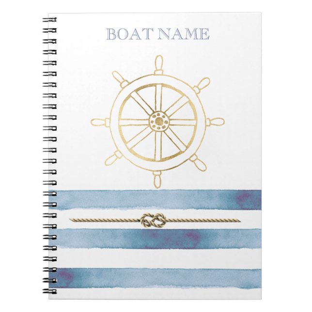 Nautical Gold Boat Wheel, Blue Watercolor Streifen Notizblock (Vorderseite)