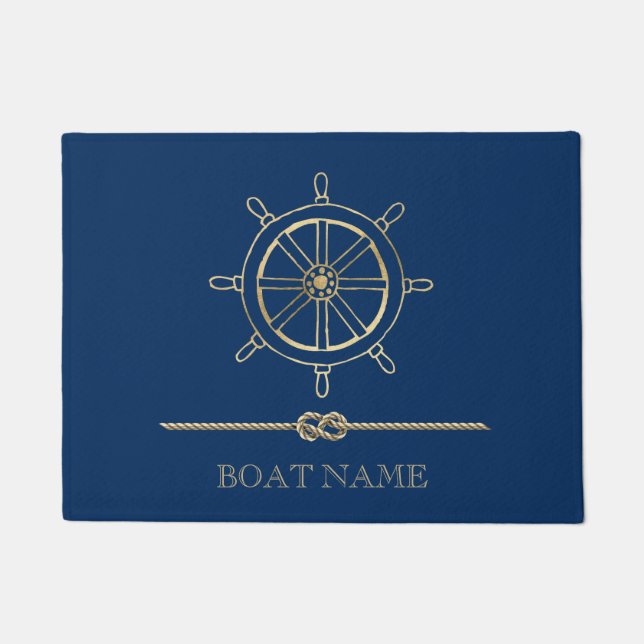 Nautical Gold Boat Wheel, Navy Blue Fußmatte (Vorderseite)
