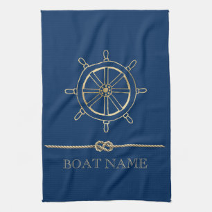 Nautical Gold Boat Wheel, Navy Blue Geschirrtuch