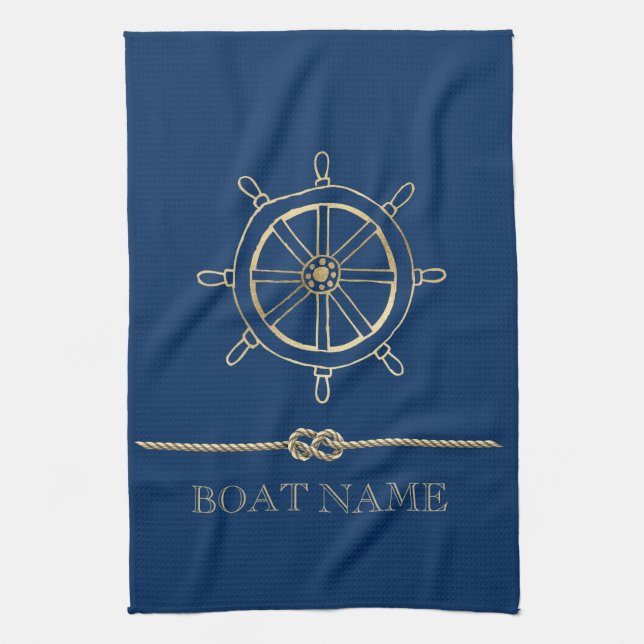 Nautical Gold Boat Wheel, Navy Blue Geschirrtuch (Vertikal)
