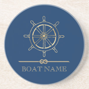 Nautical Gold Boat Wheel, Navy Blue Getränkeuntersetzer