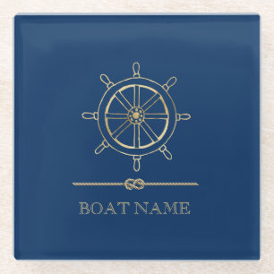 Nautical Gold Boat Wheel, Navy Blue Glasuntersetzer