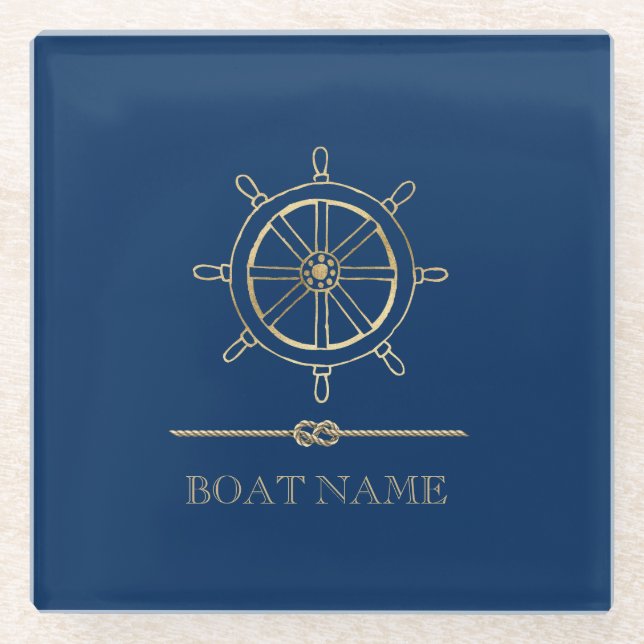 Nautical Gold Boat Wheel, Navy Blue Glasuntersetzer (Vorderseite)