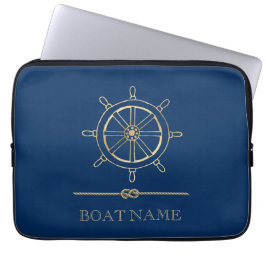 Nautical Gold Boat Wheel, Navy Blue Laptopschutzhülle