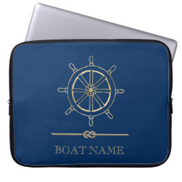 Nautical Gold Boat Wheel, Navy Blue Laptopschutzhülle