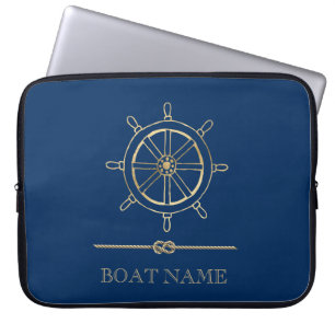Nautical Gold Boat Wheel, Navy Blue Laptopschutzhülle